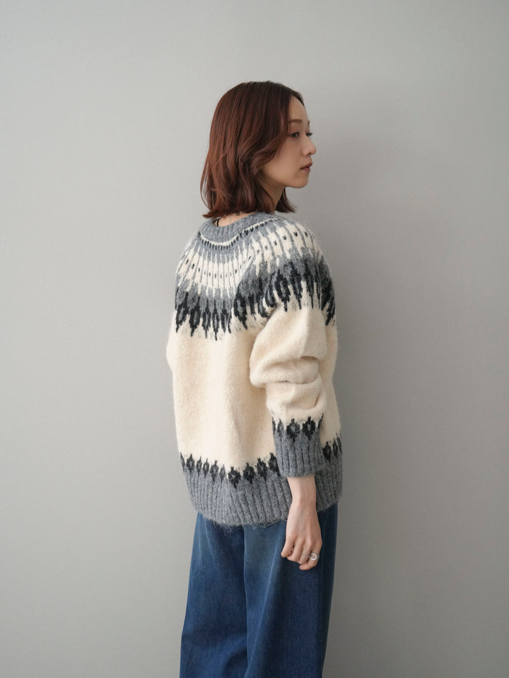 [SET]トグルボタン求心柄ニットカーディガン+裏起毛裾フリンジワイドデニムパンツ(2set)