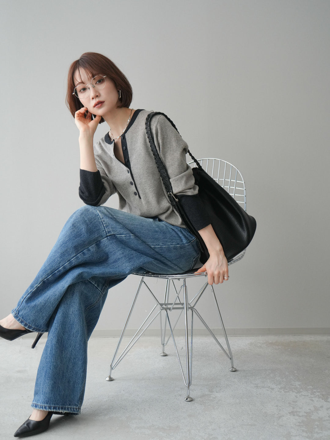 [SET]ヘンリーネック配色ニットソー+選べるアクセセット(2set)