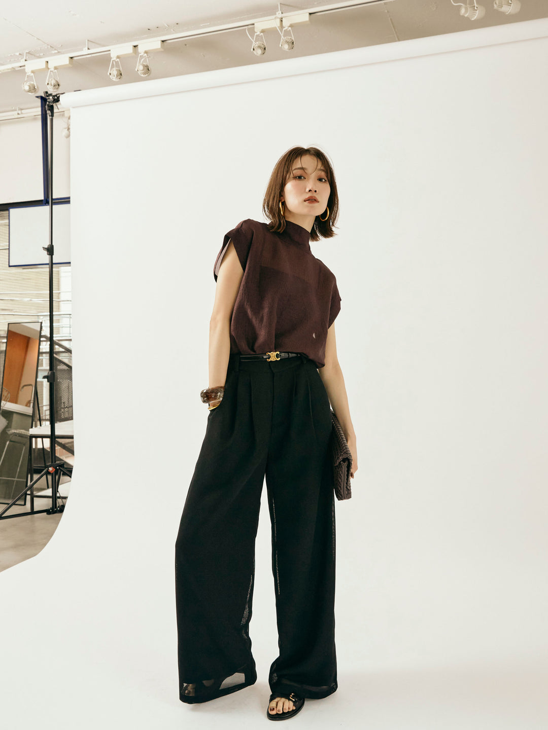 【Allure】[SET]シャイニーシアーブラウス+メッシュタックワイドパンツ(2set)