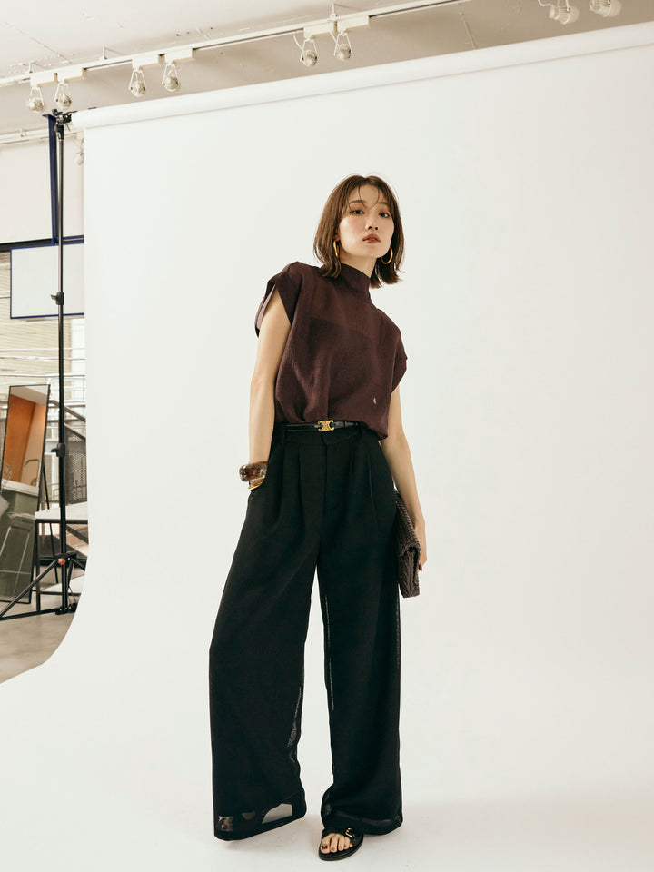 【Allure】[SET]シャイニーシアーブラウス+メッシュタックワイドパンツ(2set)