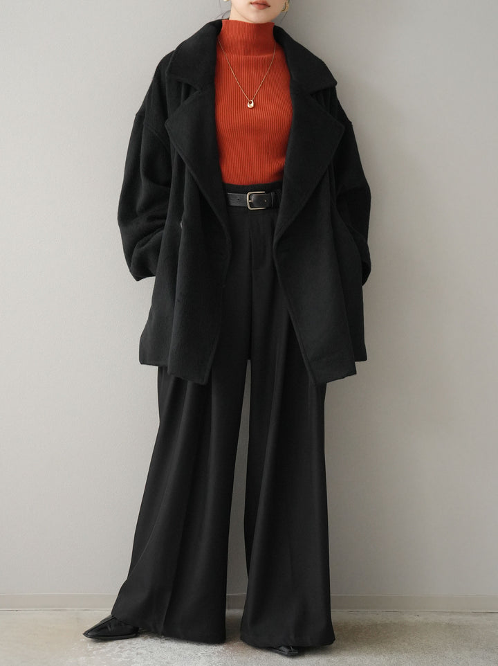 [SET]フェイクビーバーミドルコート+袖ボタンハイネックリブニットトップス+ベルト付ウールタッチワイドパンツL(3set)