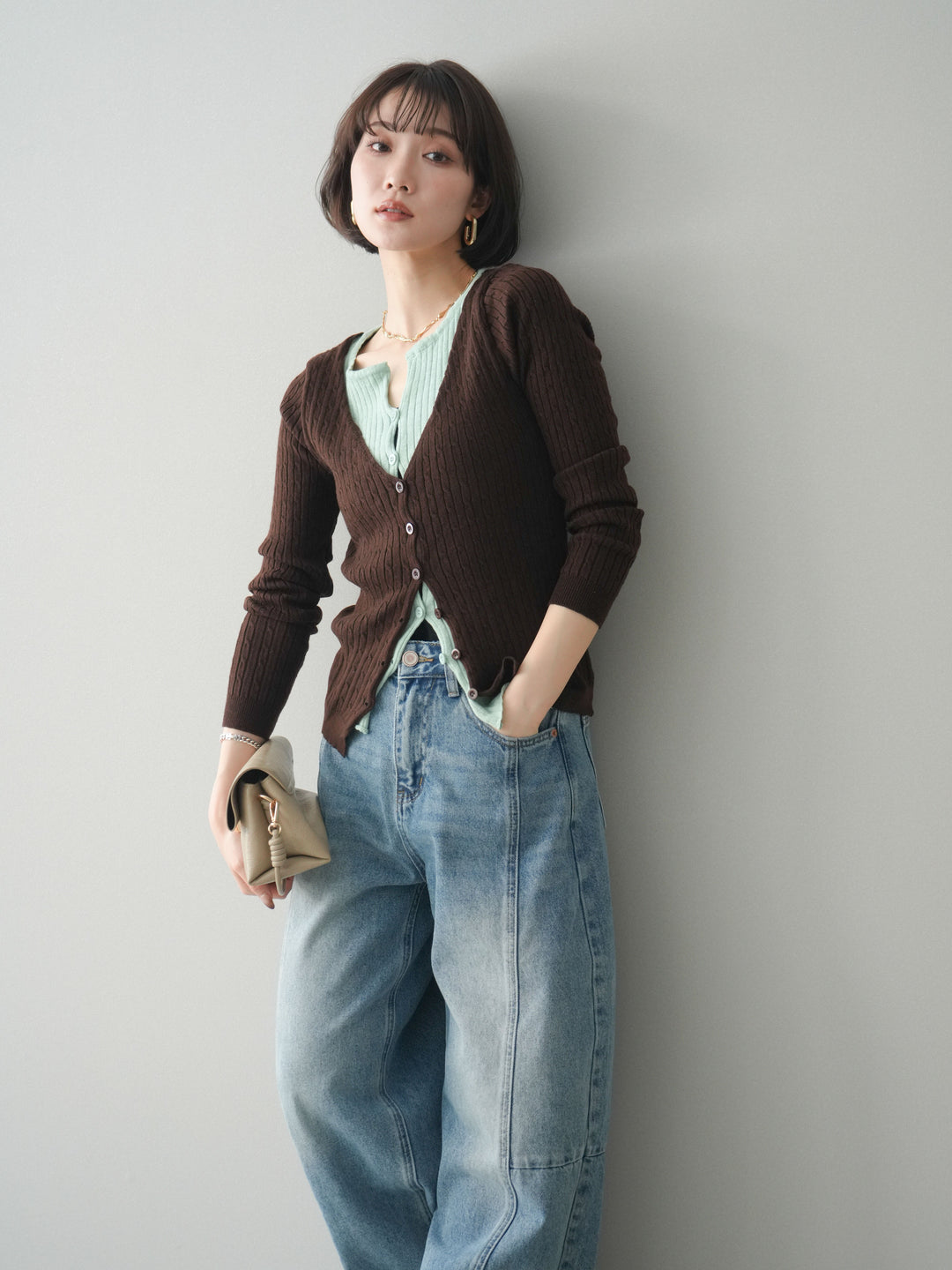 [予約]バイカラーレイヤードニットカーディガン/brown