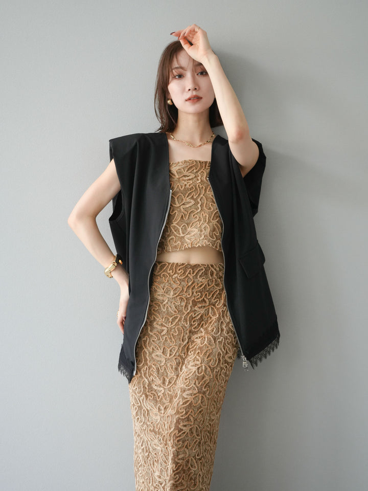 [預購] 雙拉鍊蕾絲下擺背心/黑色