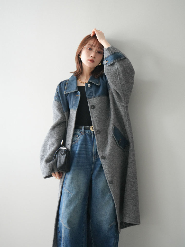 [SET]デニム切替シャギーステンカラーコート+選べるアクセセット(2set)