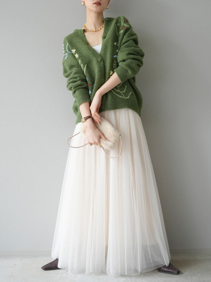 [予約]フラワー刺繍ニットカーディガン/グリーン