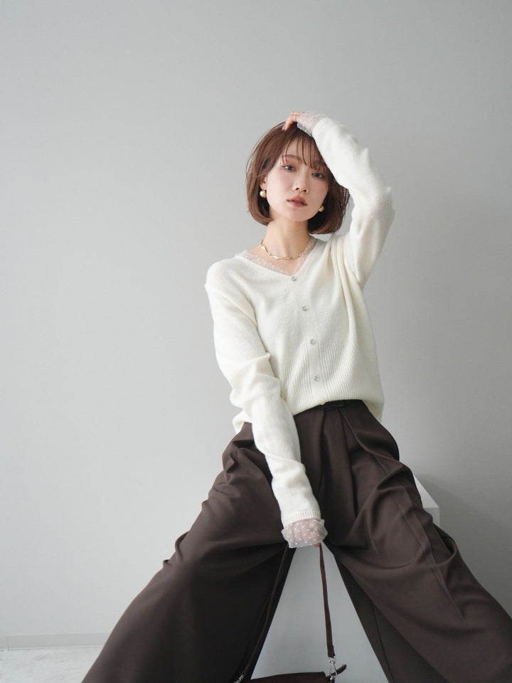 [SET]ドットチュールレイヤードボタンニットトップス+テープベルトタックバギーパンツ(2set)