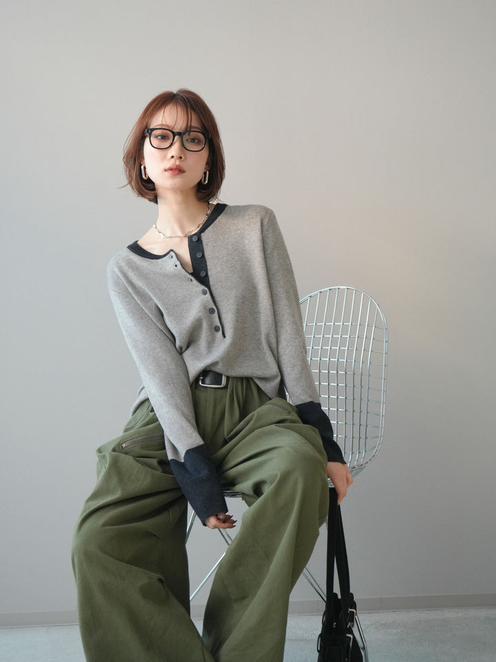 [SET]ヘンリーネック配色ニットソー+ヘンリーネック配色ニットソー(2set)