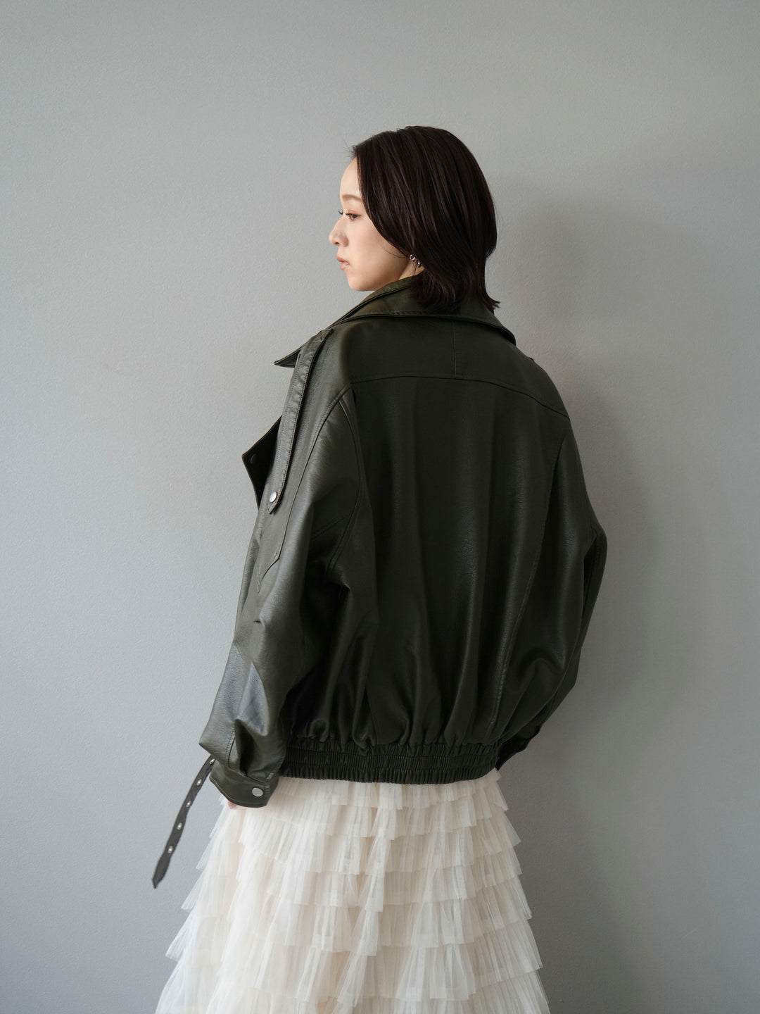 [予約]スタンドカラーフェイクレザーブルゾン/カーキ