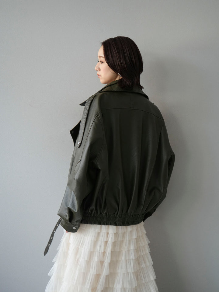 [予約]スタンドカラーフェイクレザーブルゾン/カーキ