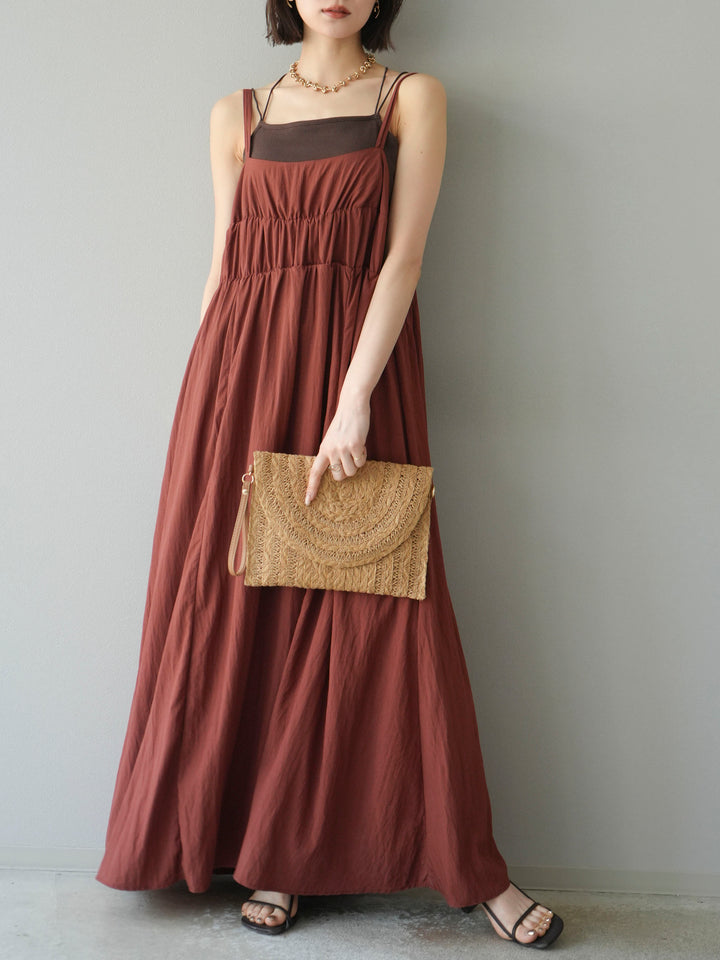 [SET]レーヨンシャーリングキャミワンピース+カップ付きバッククロスキャミソール(2set)