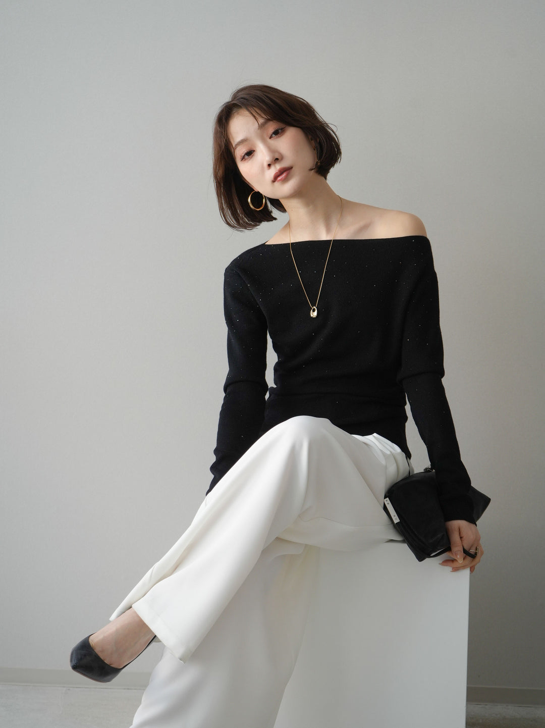 [予約]ラインストーンアシンメトリーニットトップス/black