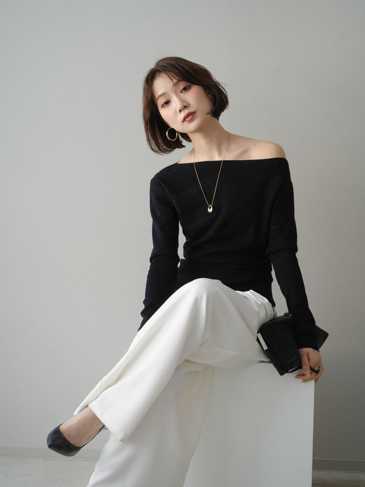 [予約]ラインストーンアシンメトリーニットトップス/black