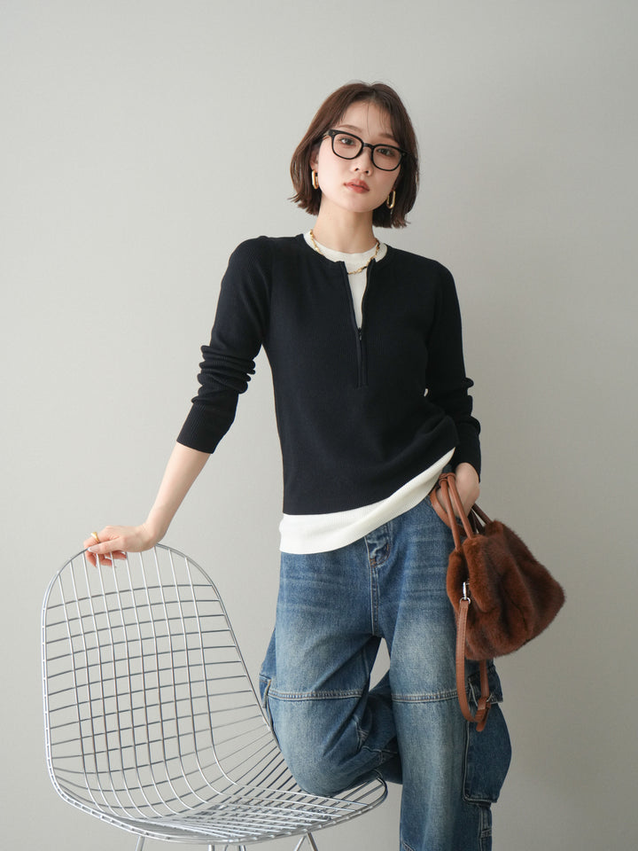 [予約]フロントジップ配色レイヤードニットトップス/navy