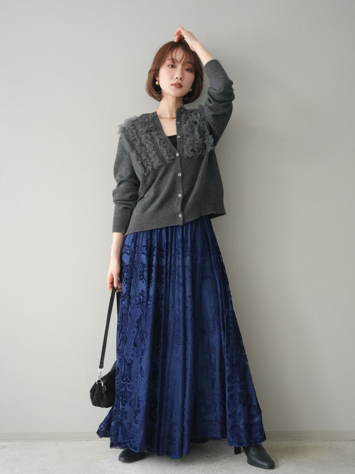 [SET]チュールフリルニットカーディガン+アンティーク柄フロッキーマキシスカート(2set)