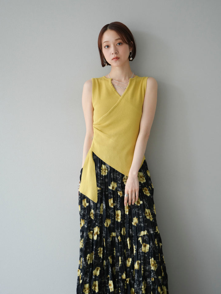 [SET]カシュクールノースリーブニットトップス+フラワーワッシャーロングスカート(2set)