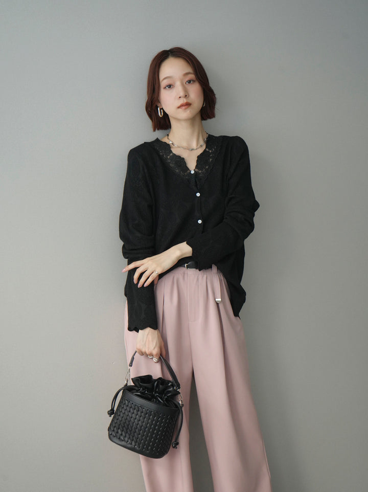 [SET]レースネックジャガードニットカーディガン+ベルト付キーホルダーモチーフワイドパンツ(2set)