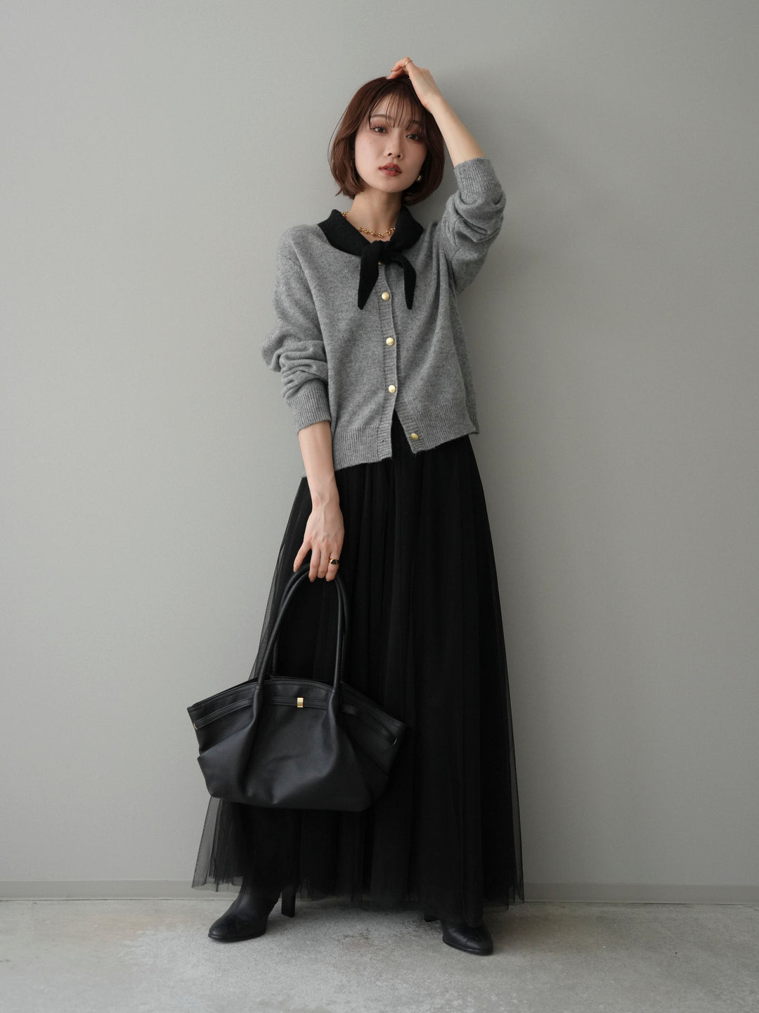 [SET]デザイン襟ニットカーディガン+チュールボリュームスカート(2set)