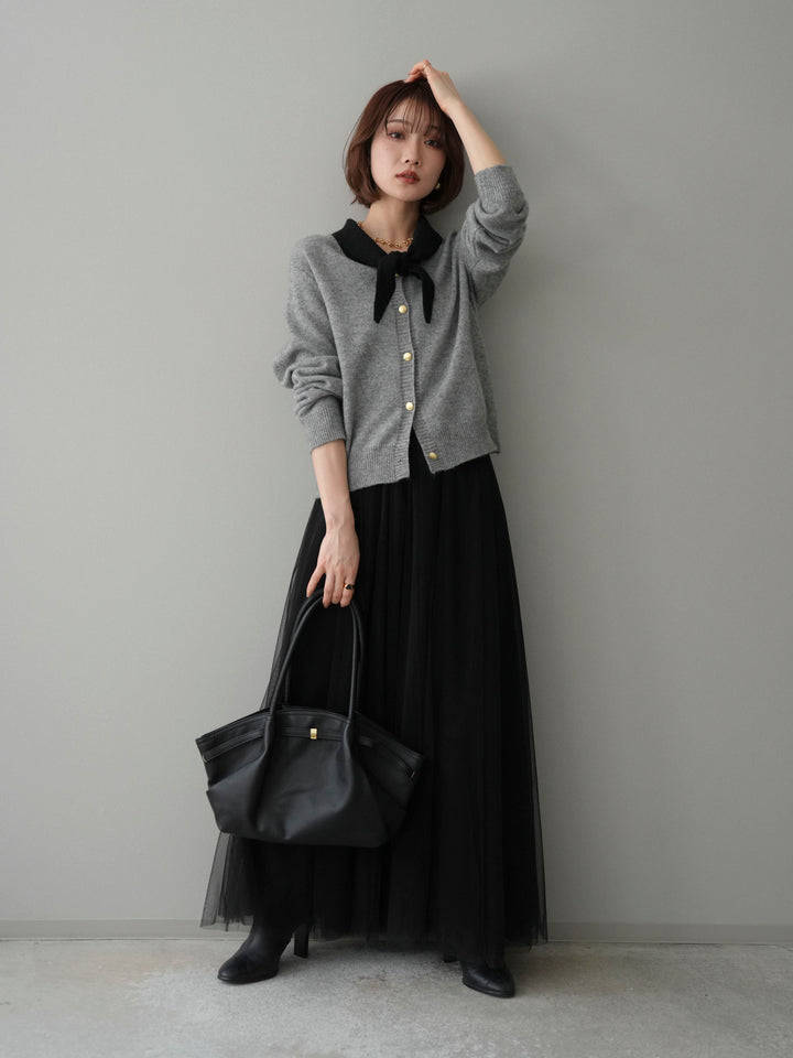 [SET]デザイン襟ニットカーディガン+チュールボリュームスカート(2set)