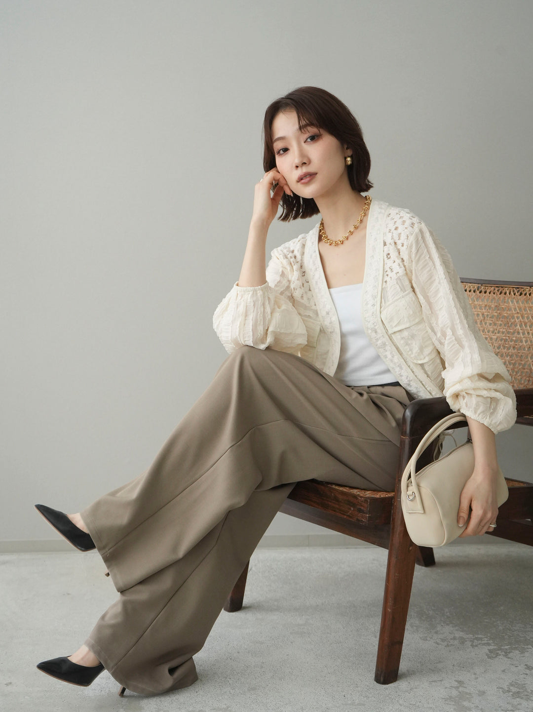 [SET]パッチワークシアーフリルブルゾン+カップ付テレコリブベアキャミソール+ベルト付キーホルダーモチーフワイドパンツ(3set)