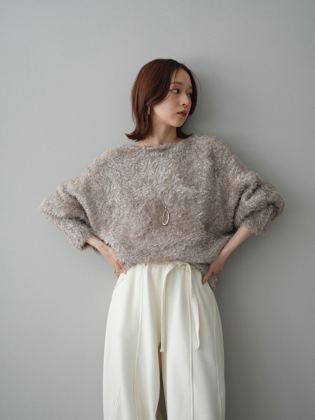 [予約]ラメシャギードルマンニットプルオーバー/beige