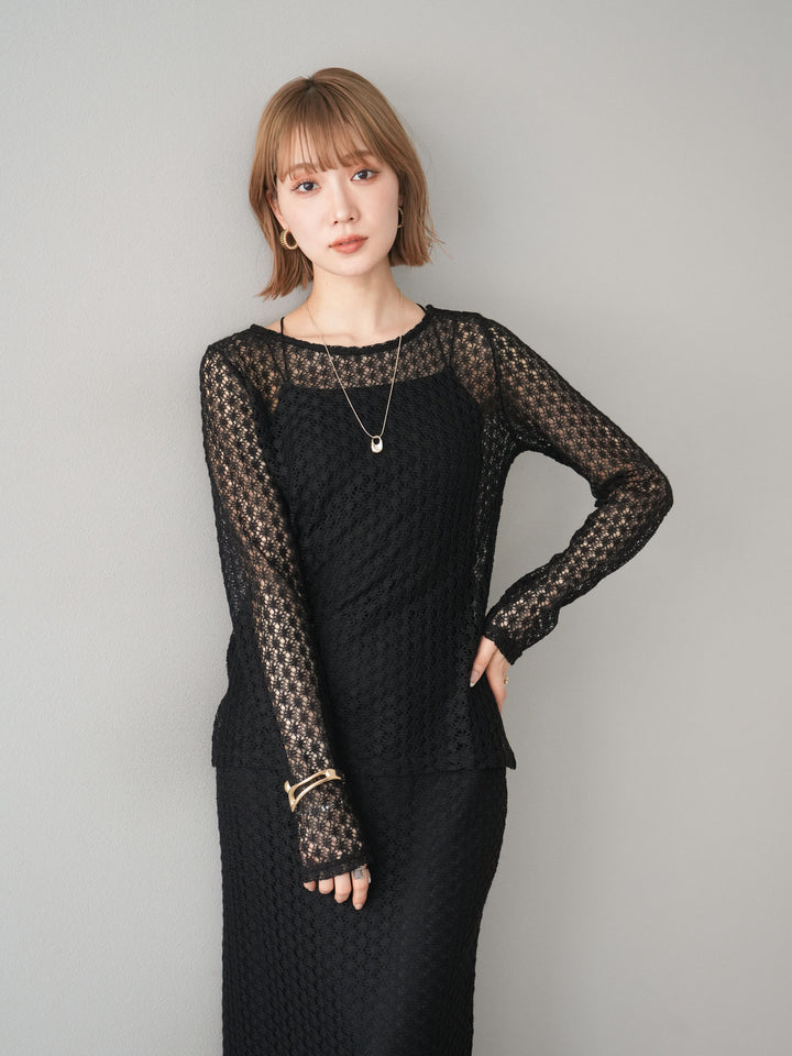 [予約]透かし編みトップス/ブラック