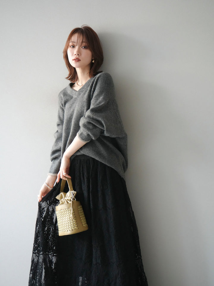 [SET]Vネック配色スリーブニットプルオーバー+選べるアクセセット(2set)