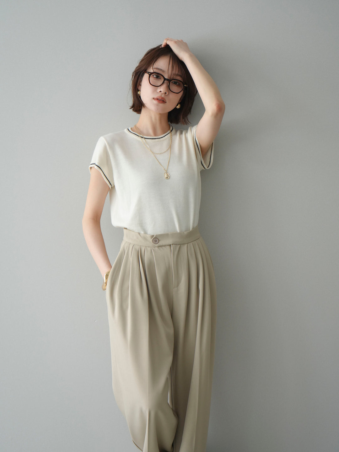 [SET]配色ハーフスリーブニットトップス+選べるアクセセット(2set)