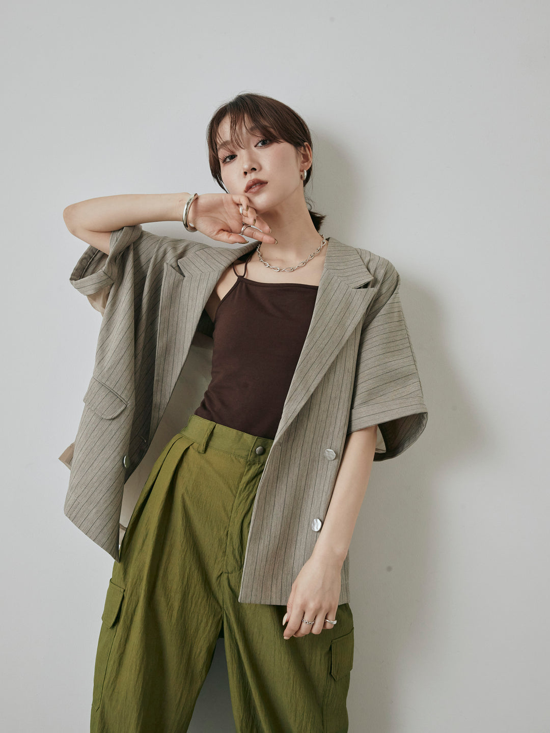 [予約]バックオーガンジーヘリンボーンストライプハーフジャケット/グレージュ