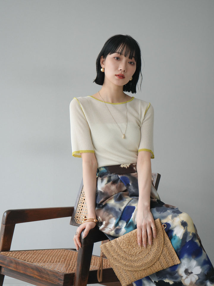 [予約]麻タッチ配色ニットハーフスリーブトップス/アイボリー