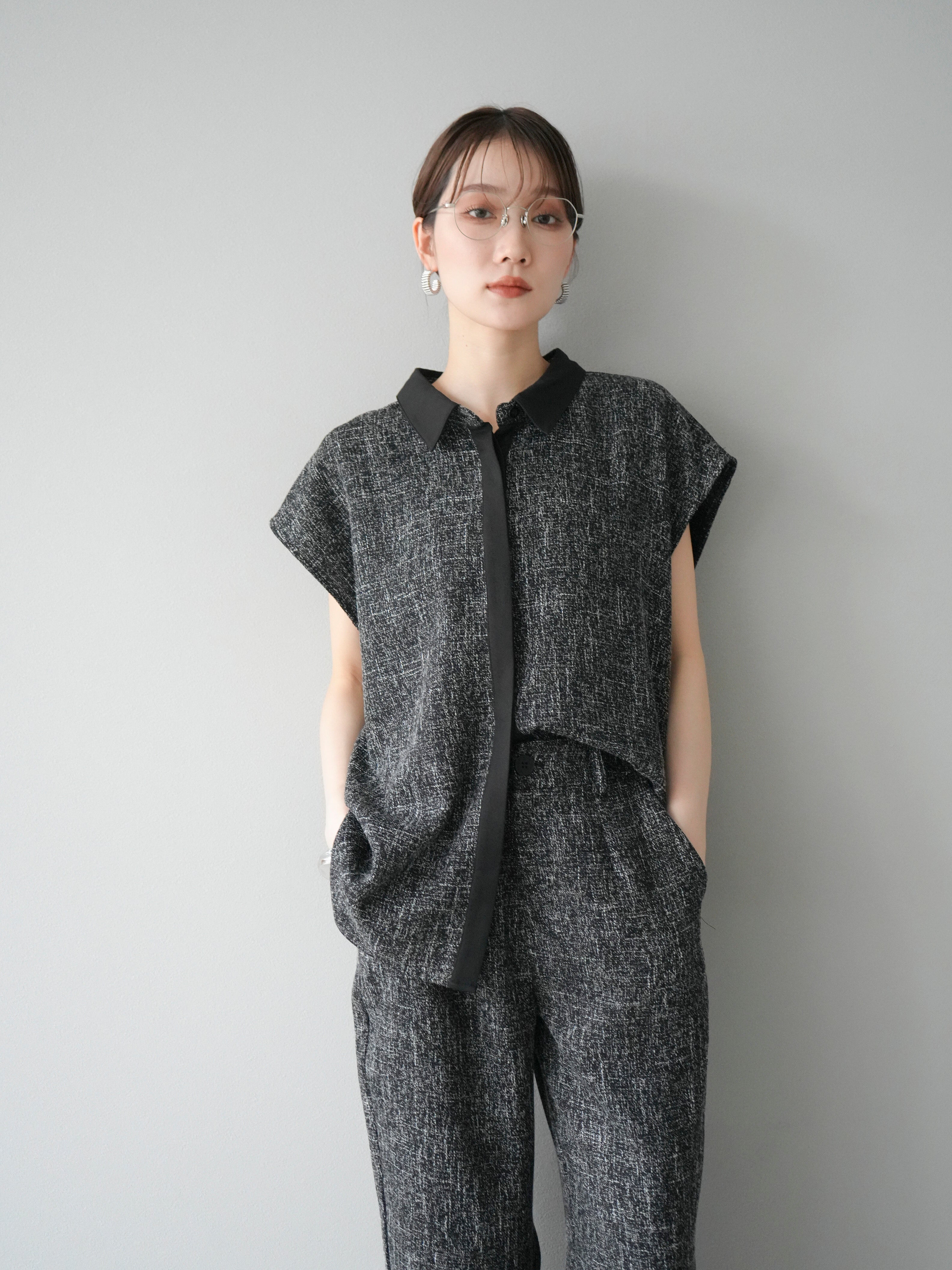 予約]バイカラーサマーツイードフレンチスリーブブラウス/ブラック