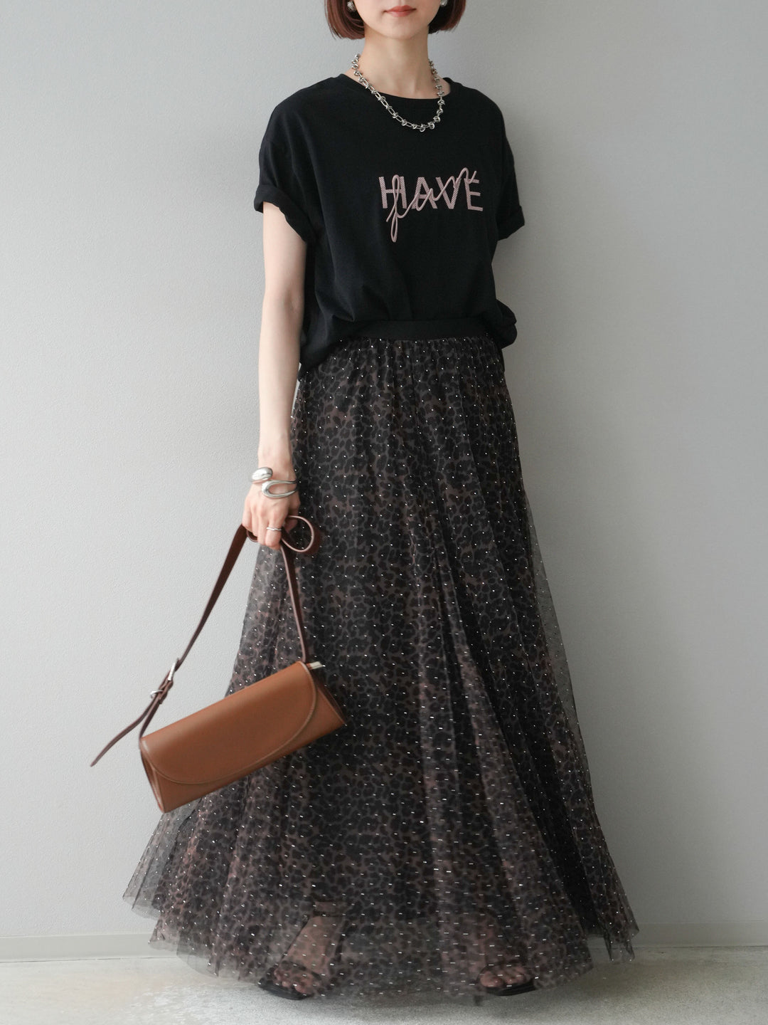 [5] 豹紋薄紗層疊百褶裙/摩卡色