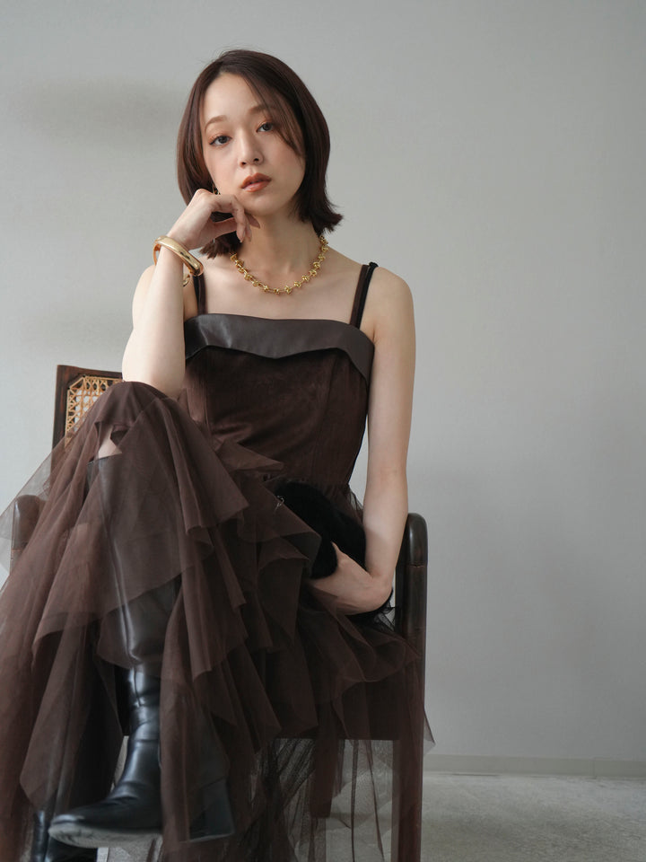 [予約]レザー切替チュールラッフルワンピース/brown