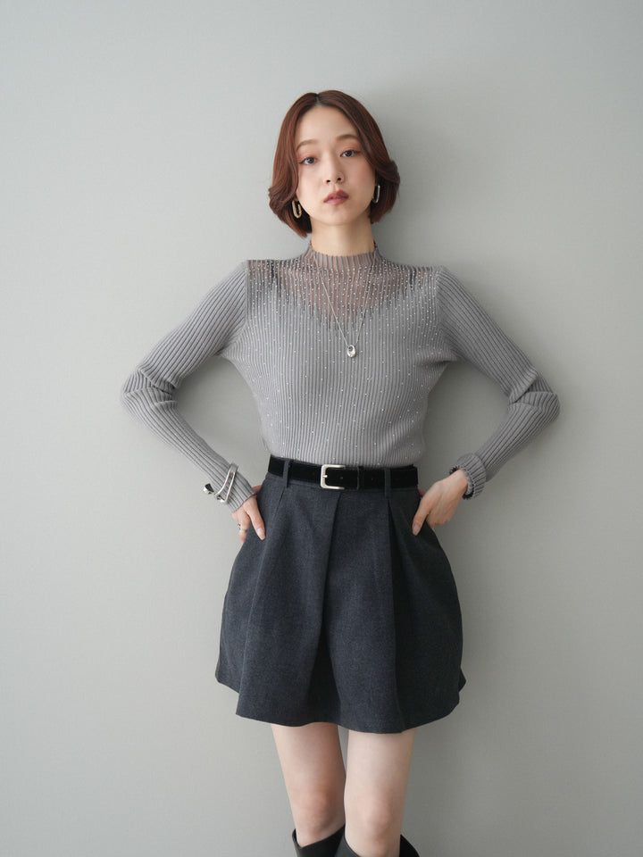 [SET]シアー切替スパンコールリブニットトップス+ベルト付きタックミニスカート(2set)