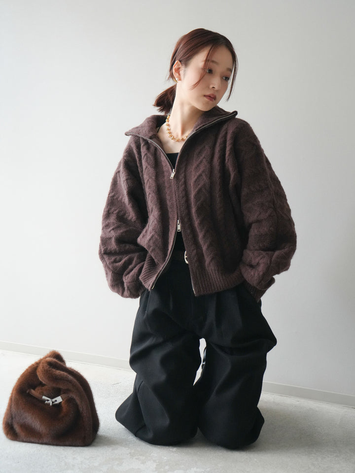 [SET]ケーブル編みハイネックZIPニットカーディガン+アニマル柄ベルト付きウールタッチワイドパンツ(2set)