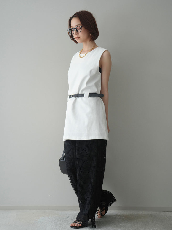 [SET]ベルト付リネンライクノースリチュニック+パネルレースイージーパンツ(2set)