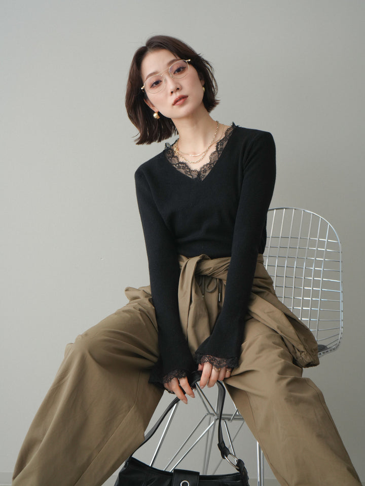 [SET]レースドッキングVネックニットトップス+ウエスト巻きデザインドロストコットンナイロンパンツ(2set)