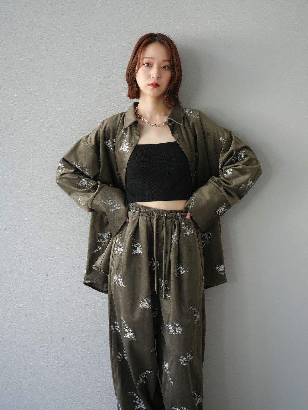 [予約]ベロアフラワーエンブロイダリーシャツ/ブラウン