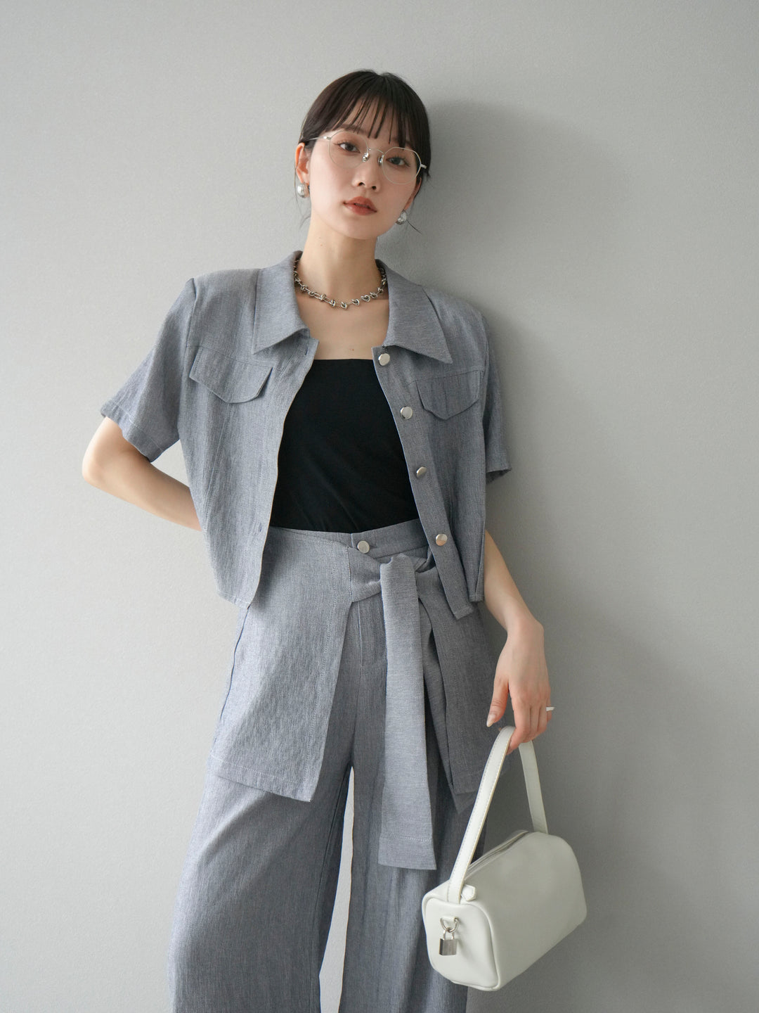 [SET]リネンタッチハーフシャツ＆ラップワイドパンツSET UP(2set)