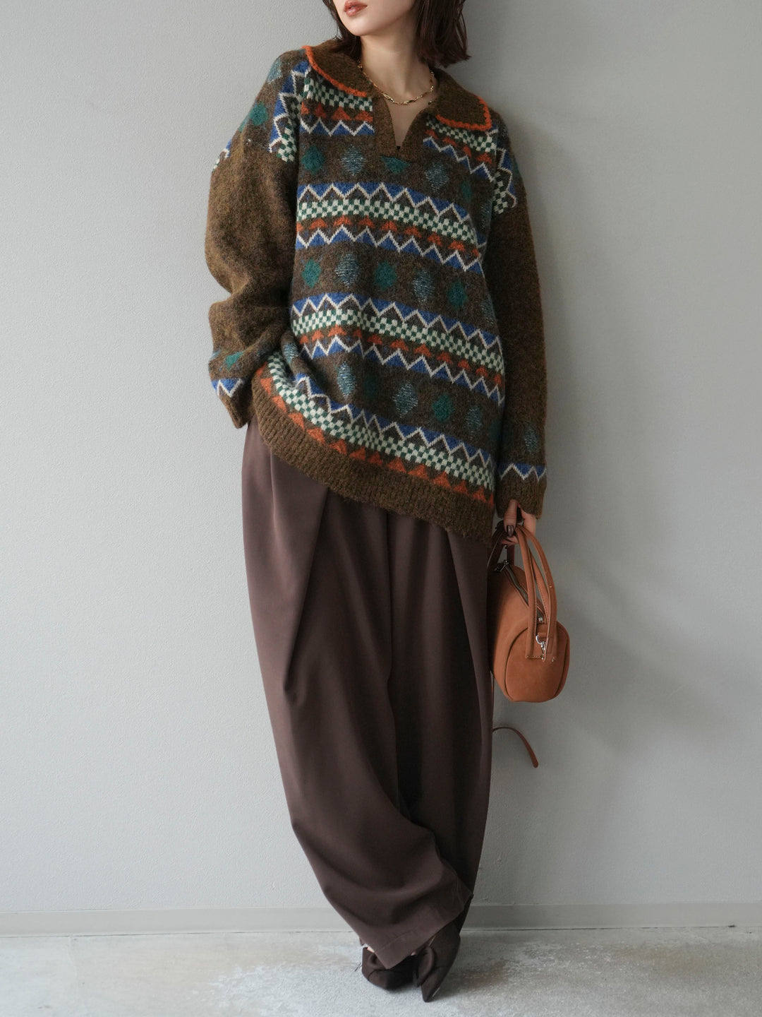 [予約]ノルディック柄ポロニットプルオーバー/ブラウン