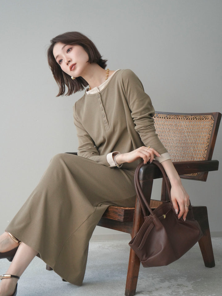 [SET]配色レイヤードヘンリーネックカットリブワンピース+配色レイヤードヘンリーネックカットリブワンピース(2set)