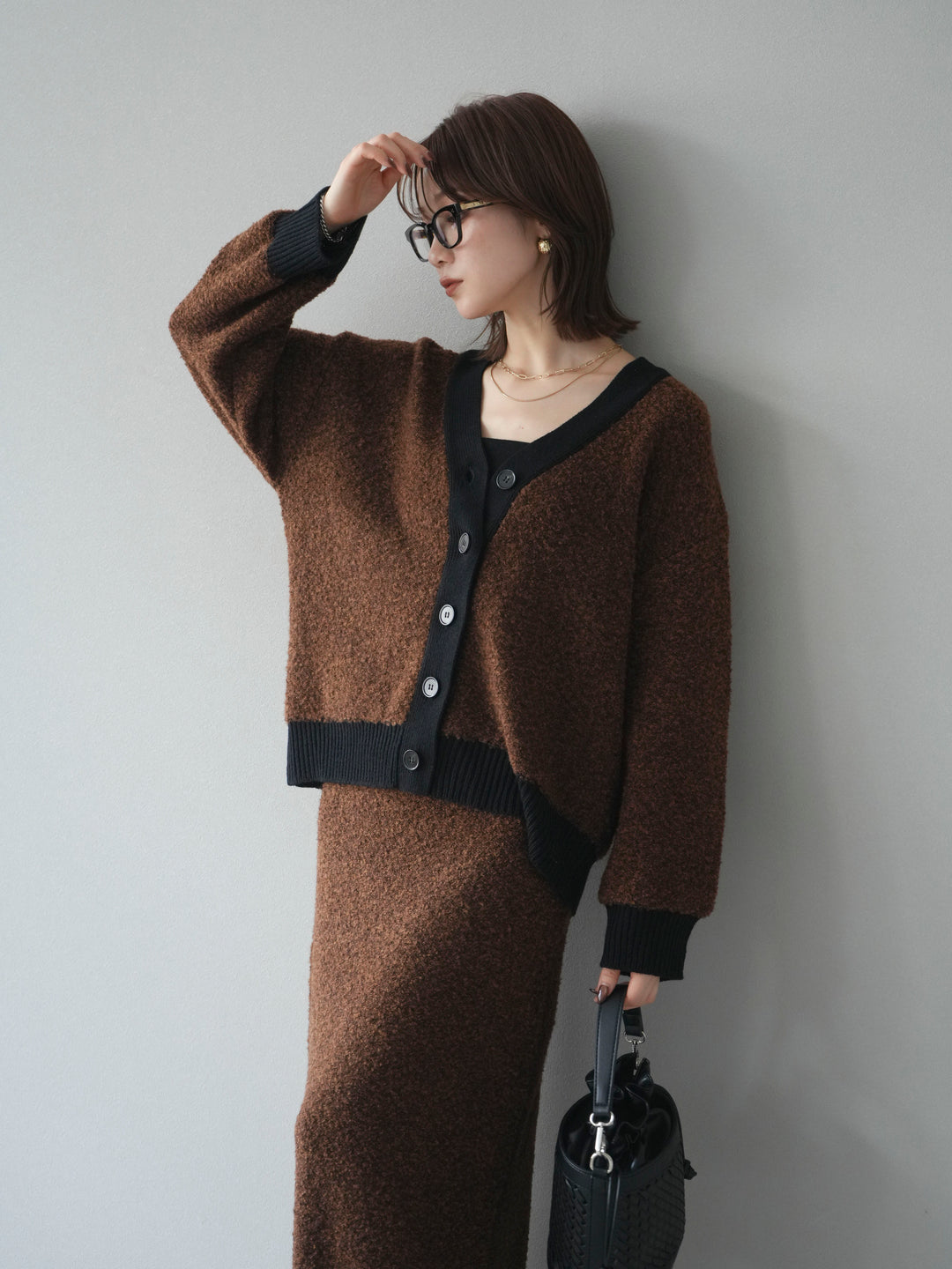 [予約]ブークレバイカラーニットカーディガン/brown