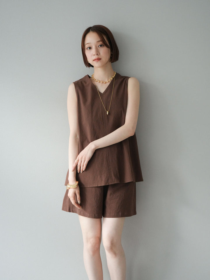 [套裝] 亞麻V領襯衫和短褲套裝 + 可選配件套裝（2 套）