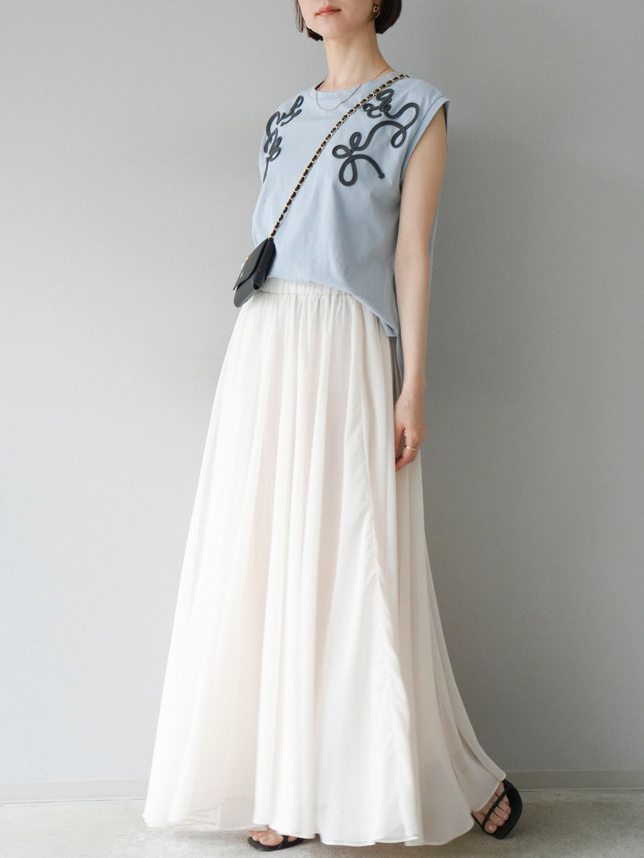 [SET] 繩繡法式袖T卹+雪紡喇叭裙（2件組）