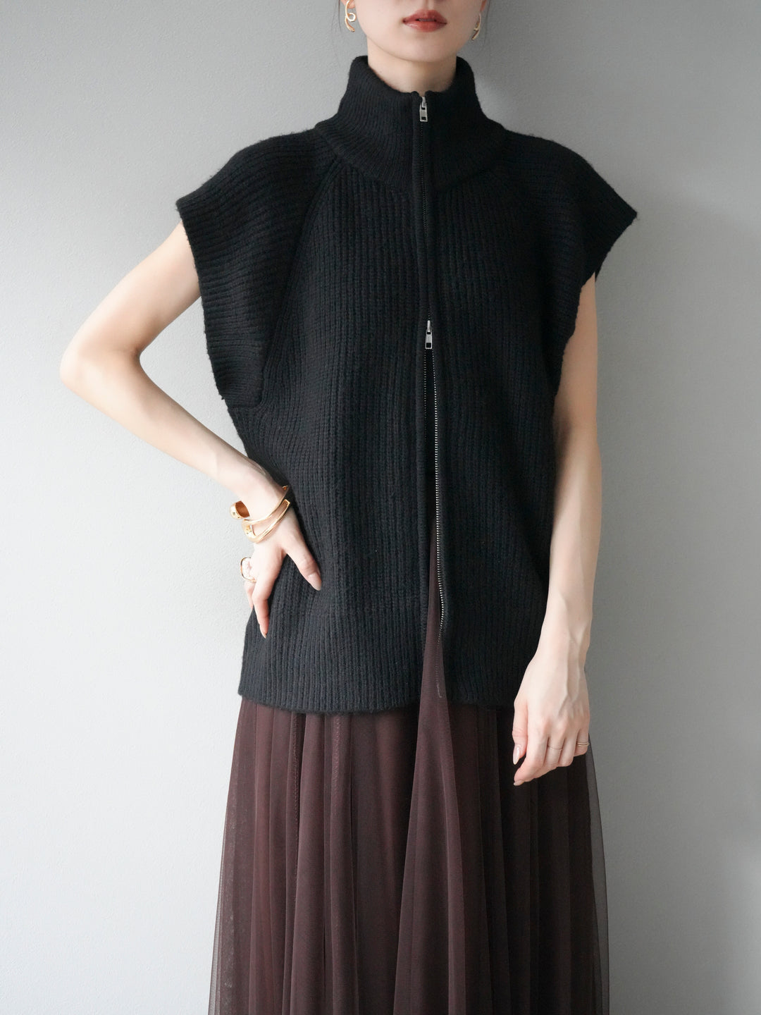[予約]ダブルZIPハイネック畦編みニットベスト/ブラック