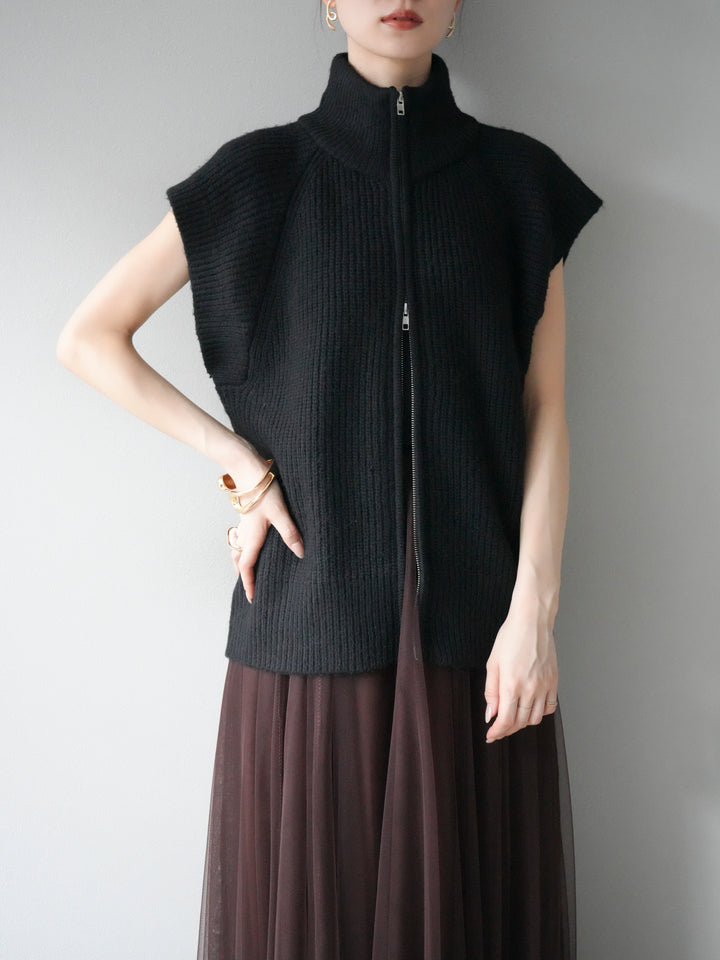 [予約]ダブルZIPハイネック畦編みニットベスト/ブラック