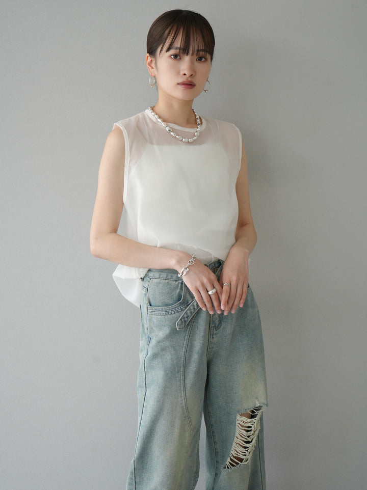 [SET] Organdy sleeveless top + belt asymmetrical damaged denim (2set)