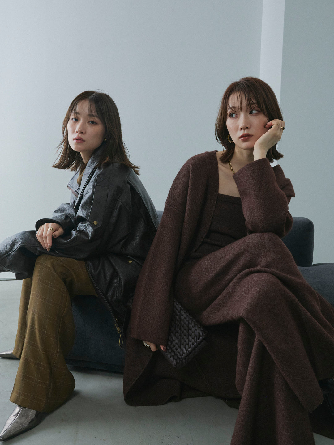 【Allure】[SET]ニットベアトップ＆ワイドパンツSET UP+レザーカラースウェードロングコート(2set)