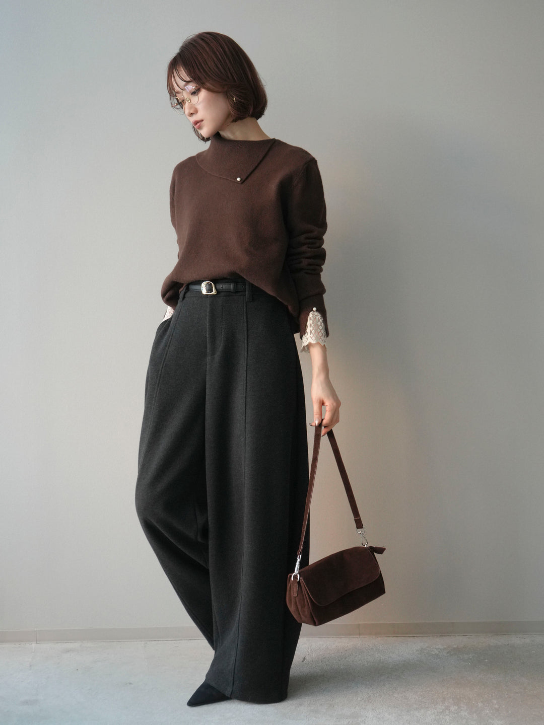 [SET]袖レースパール付き配色ニットトップス+ウールタッチカーブパンツ(2set)