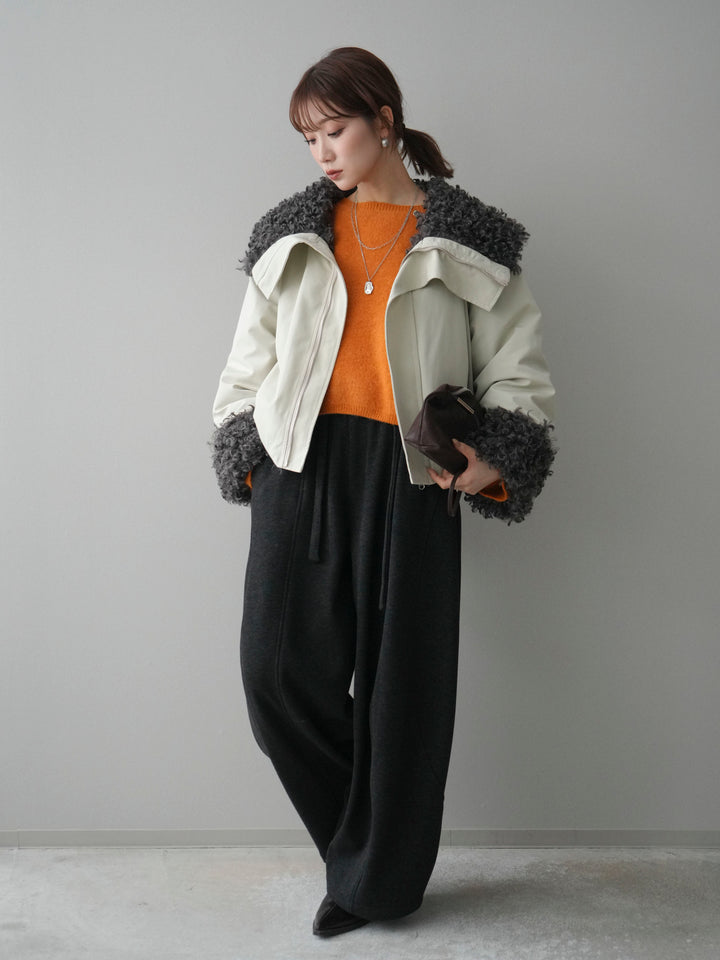 [SET]プードルファーダウンジャケット+アンゴラタッチボートネッククロップドプルオーバー+ウエストベルトカーブラインスエットパンツ(3set)