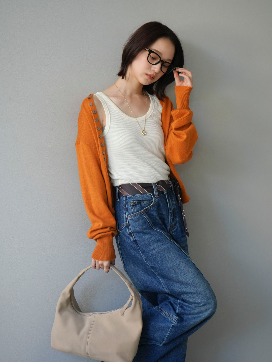 [予約]デザインボタンニットカーディガン＆タンクトップSET/オレンジ